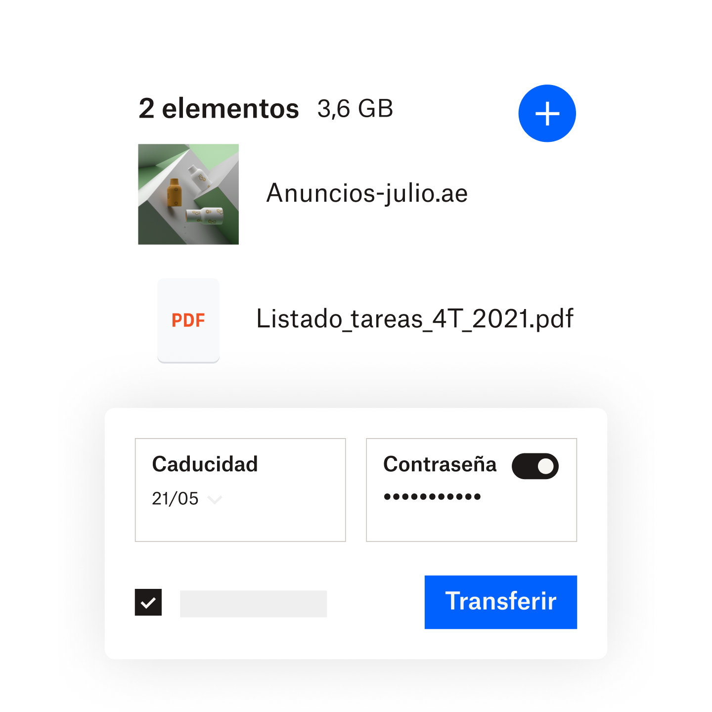 Un usuario añade una contraseña y una fecha de vencimiento a un archivo compartido a través de Dropbox Transfer