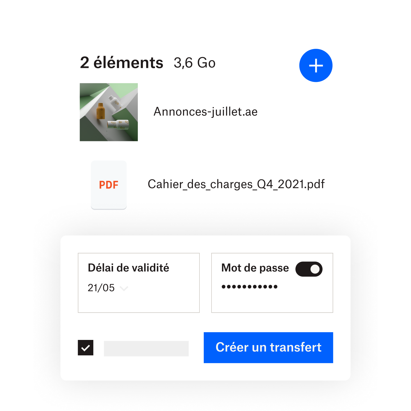 Utilisateur ajoutant un mot de passe et un délai d’expiration à un fichier partagé au moyen de Dropbox Transfer