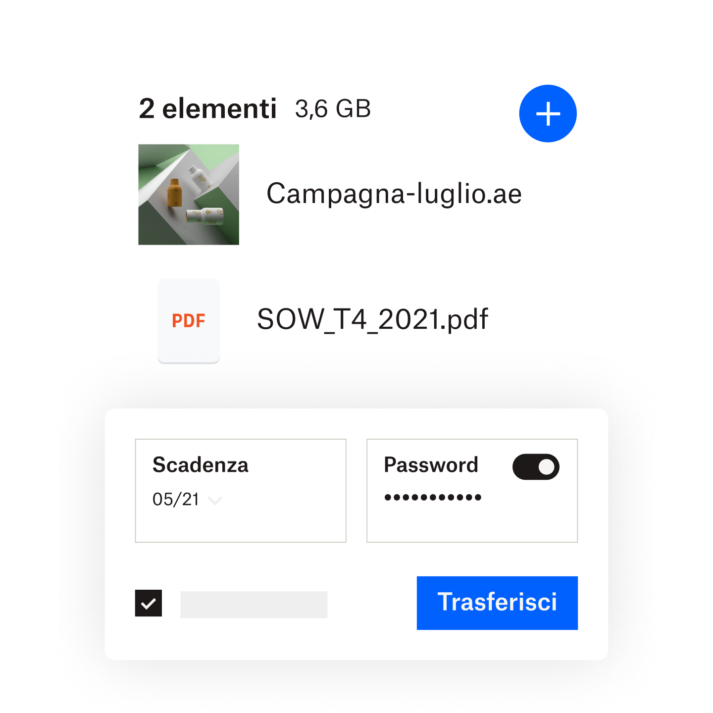 Un utente che aggiunge una password e una data di scadenza a un file condiviso tramite Dropbox Transfer