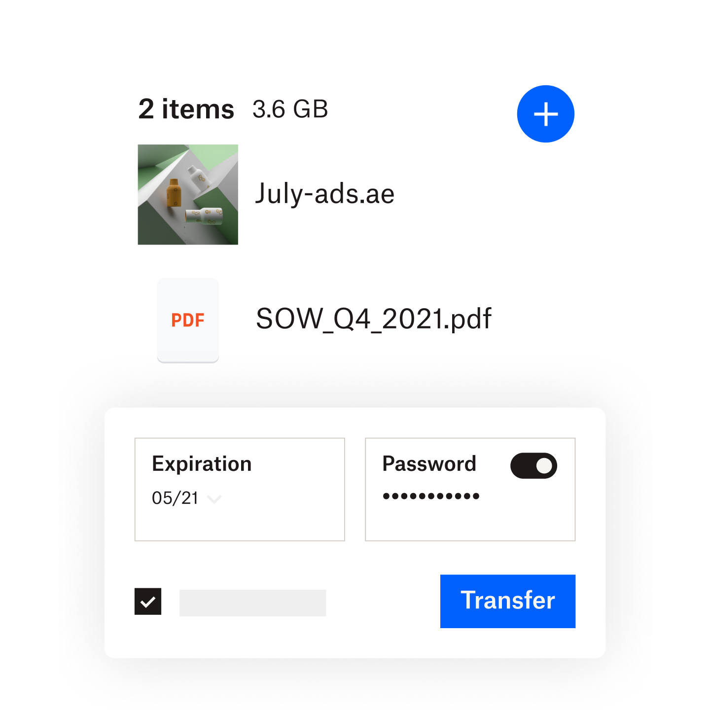 Screenshot of a user sending two files via a Dropbox Transfer link. An expiration date and password have been set.