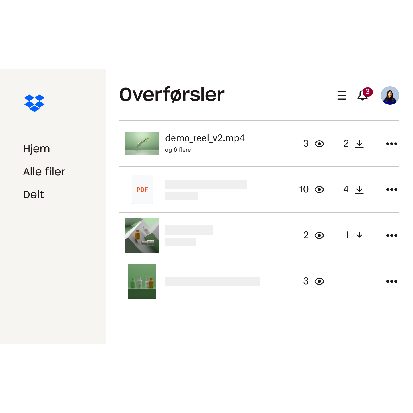 Et skærmbillede af Dropbox Transfer viser fire overførte filer. Antal visninger eller downloads vises for hver fil.