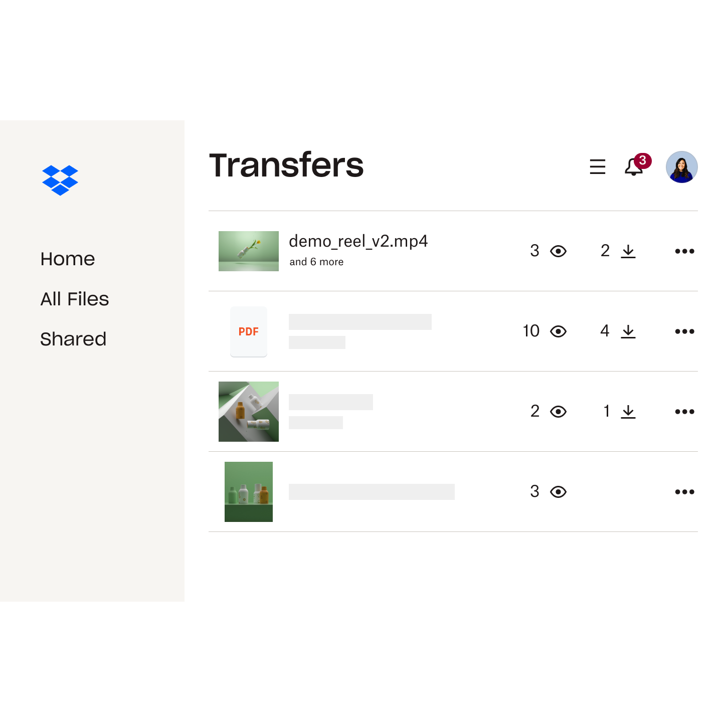 A list of files in Dropbox Transfer, each with a view and download counts.