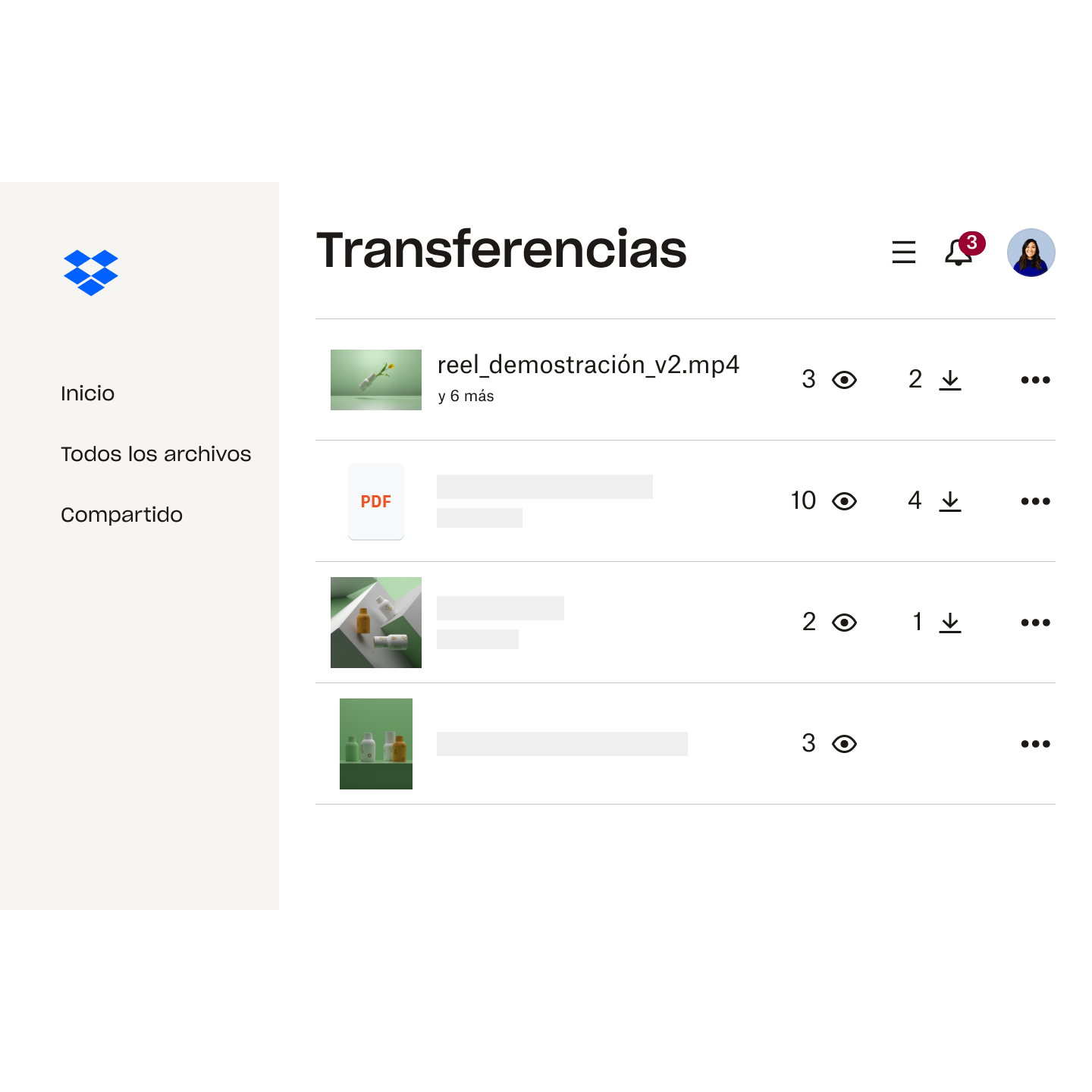 Captura de pantalla de Dropbox Transfer en la que se enumeran cuatro archivos transferidos. Se muestra el número de visualizaciones o descargas de cada archivo.