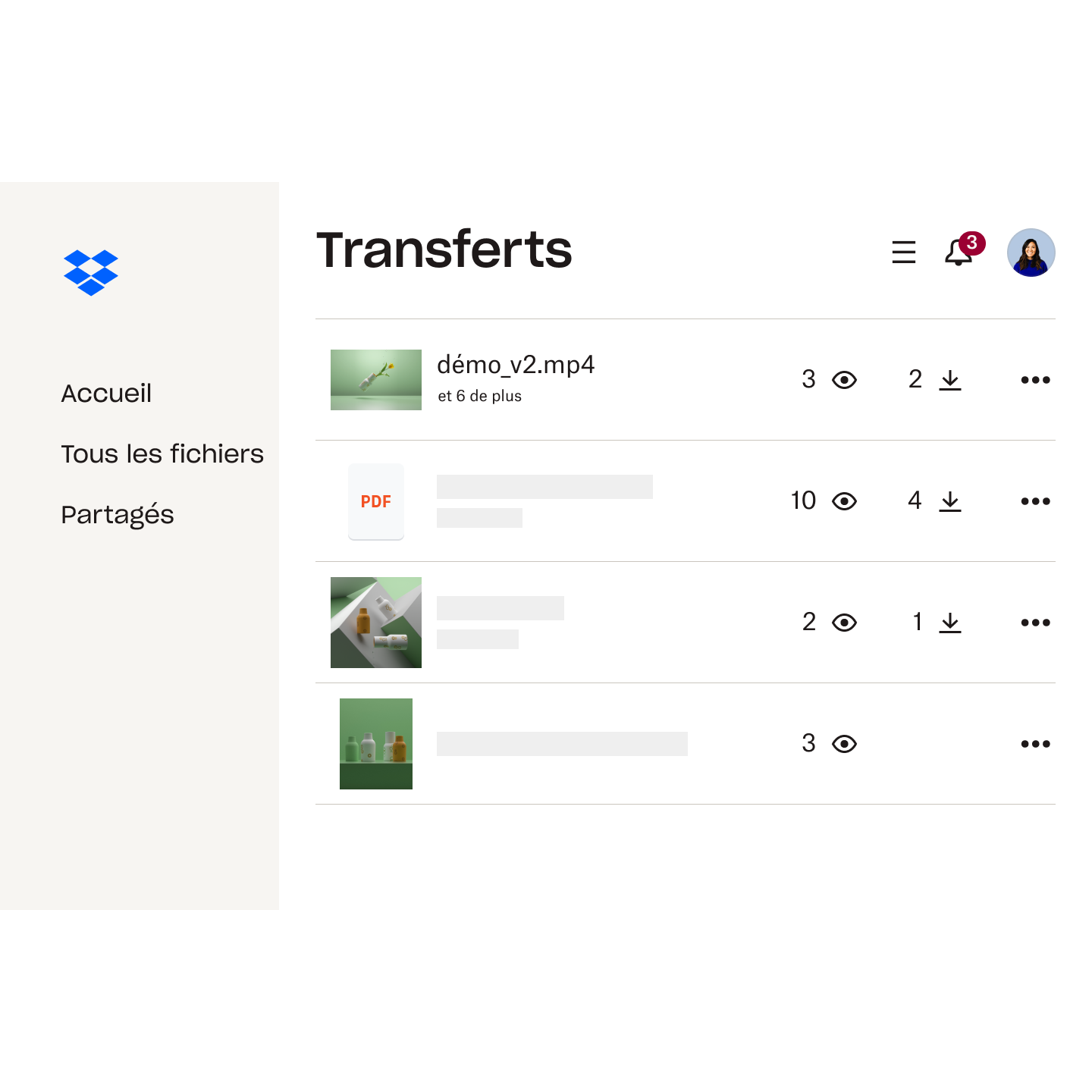 Liste de fichiers dans Dropbox Transfer, avec nombre de visites et de téléchargements