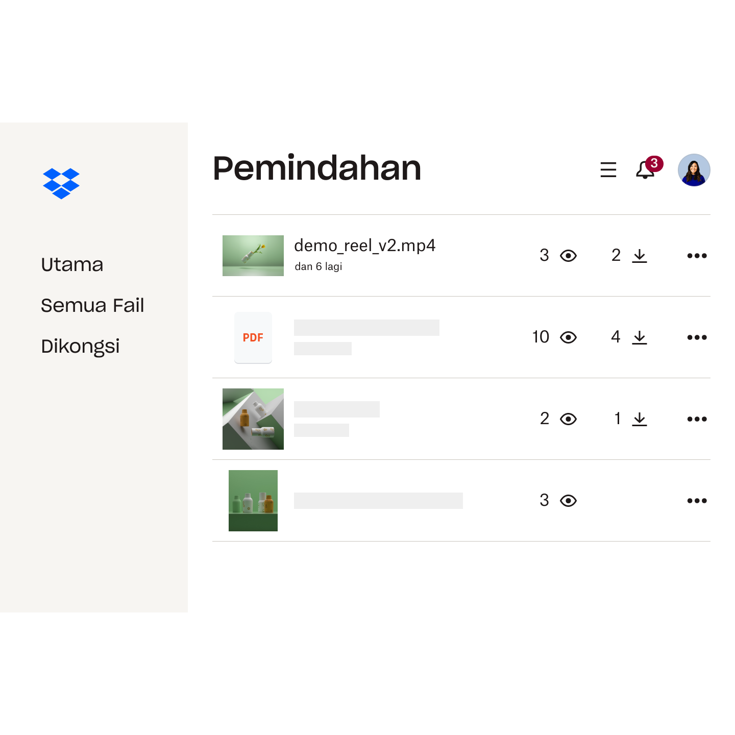 Senarai fail dalam Dropbox Transfer, setiap satu dengan kiraan paparan dan muat turun.