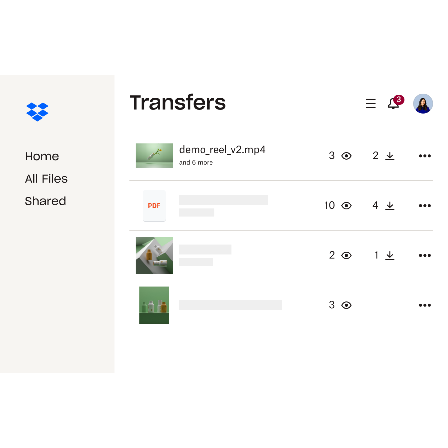 Список файлів у Dropbox Transfer із зазначенням кількості переглядів і завантажень для кожного з них.