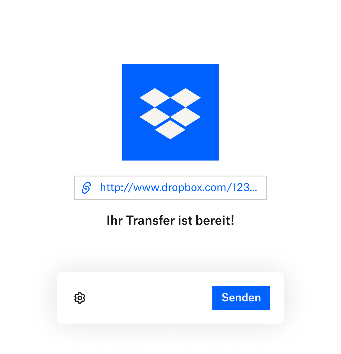 Eine Nachricht, dass der Dropbox Transfer bereit ist, über einer vollständigen Fortschrittsleiste. Außerdem eine Maus, die über die Taste „Senden“ gehalten wird.