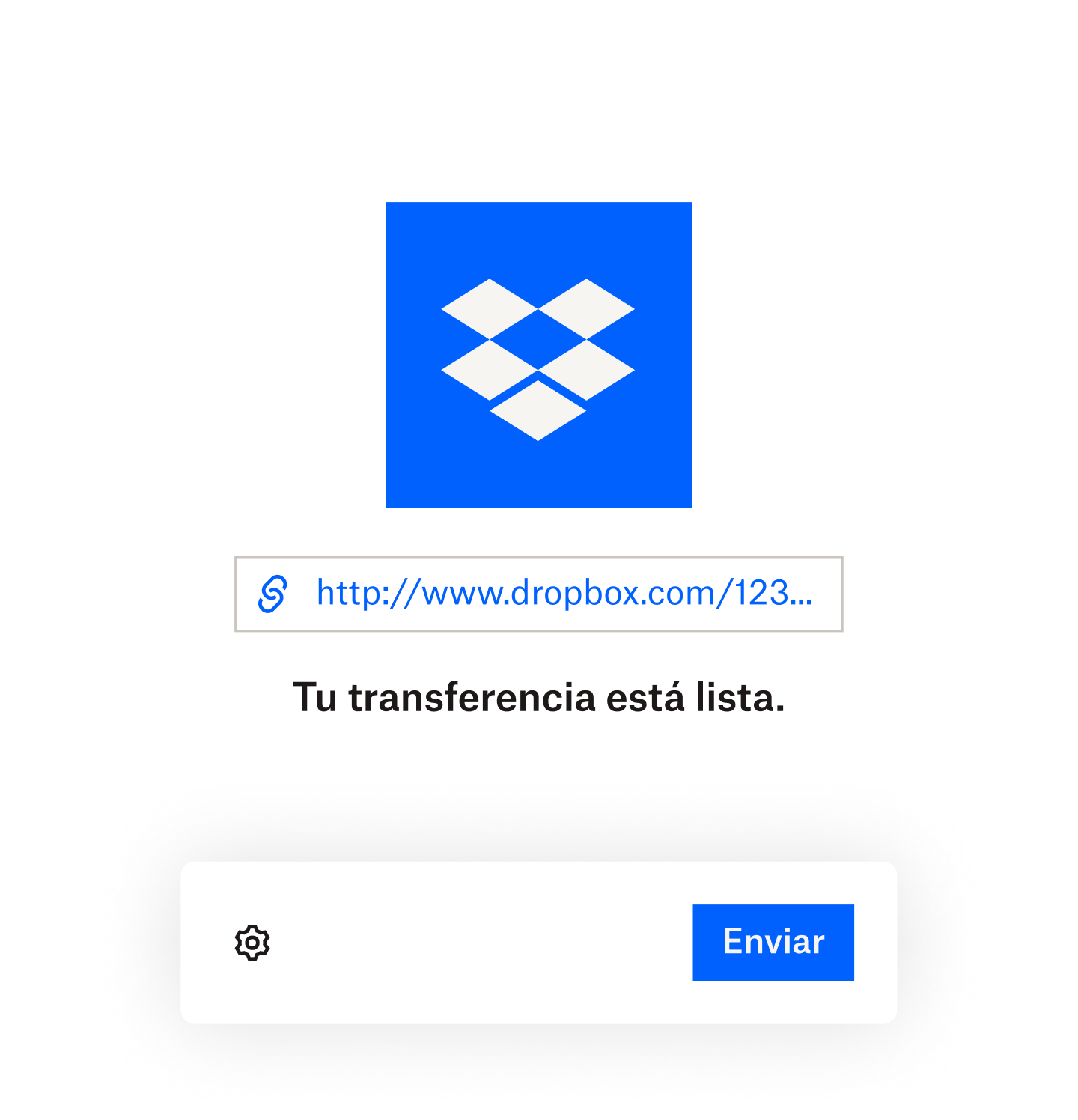 Mensaje que indica que una transferencia de Dropbox está lista encima de una barra de progreso completada y un ratón que se desplaza sobre un botón de envío.