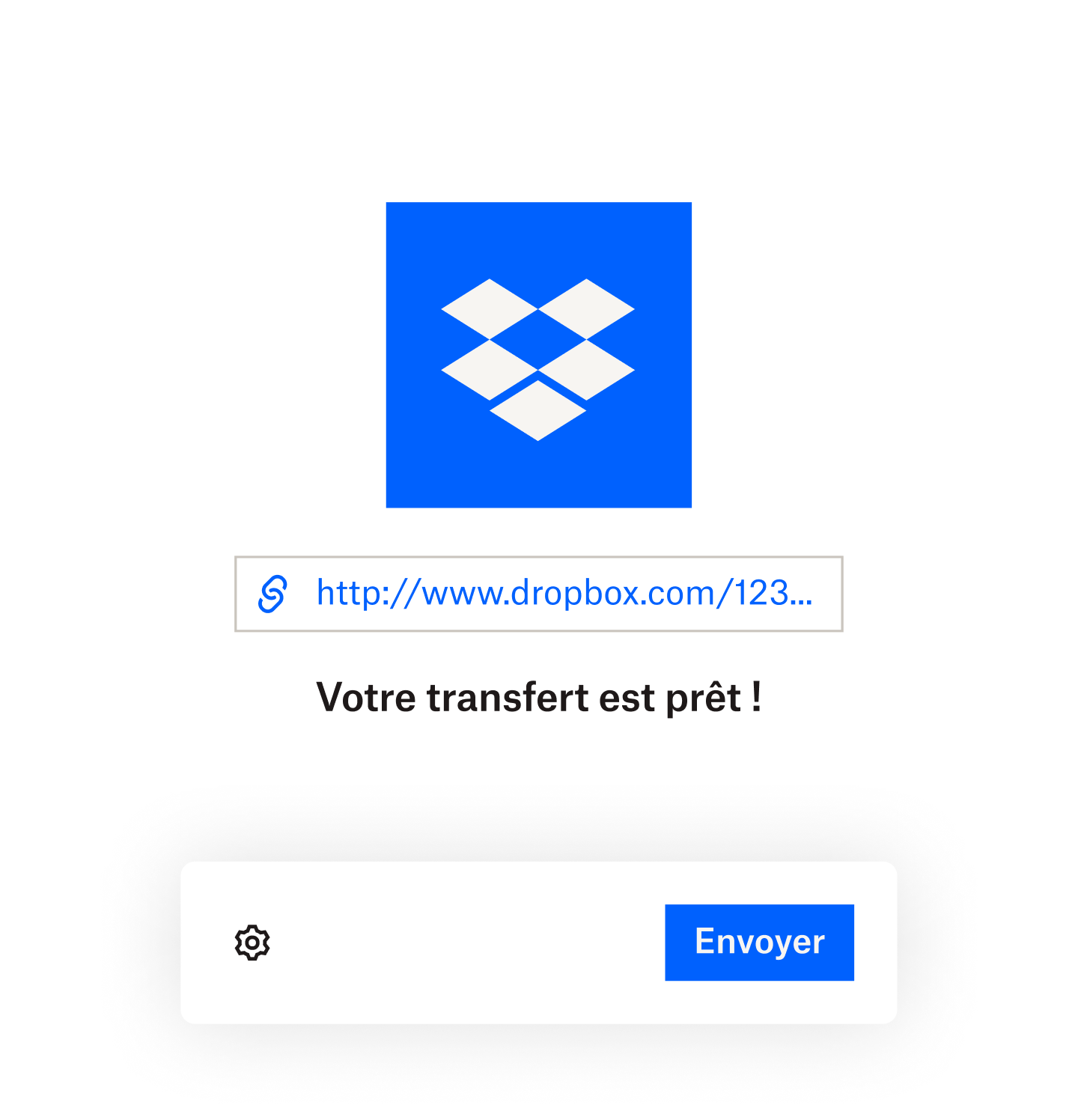 Message indiquant qu’un transfert Dropbox est prêt, avec barre de progression et curseur de souris pointant sur un bouton Envoyer