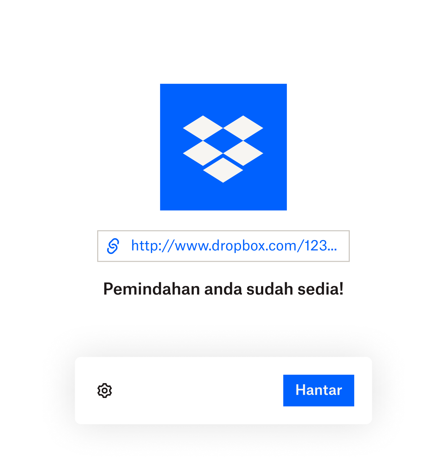 Mesej bahawa pemindahan Dropbox sudah sedia di atas bar perkembangan yang lengkap dan tetikus yang terapung di atas butang hantar.