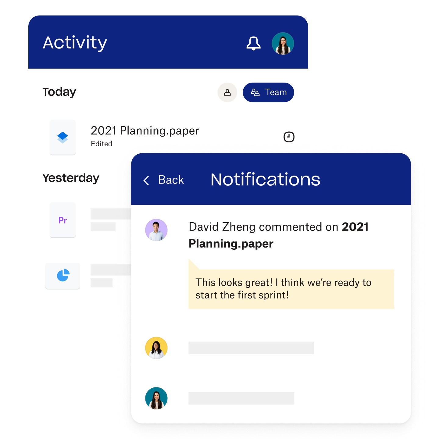 Dropbox activity and notification interface