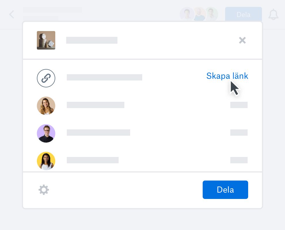 En användare som klickar på knappen ”skapa länk” för att dela en fil