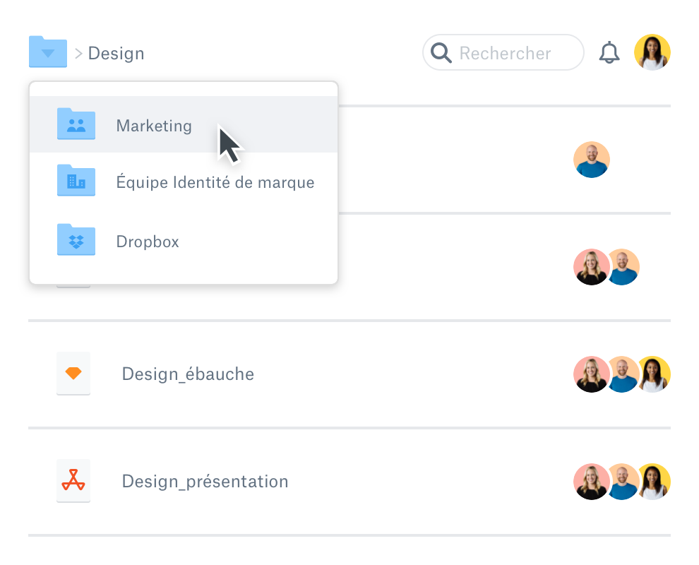 Menu déroulant affichant les différents fichiers d’un compte Dropbox