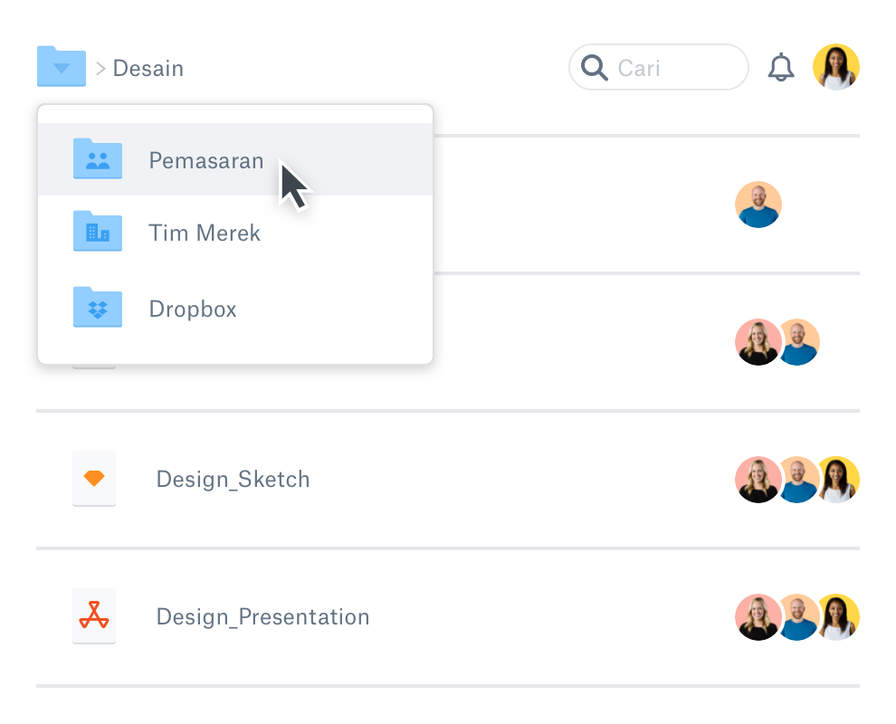 Menu dropdown yang menampilkan berbagai file di dalam akun Dropbox