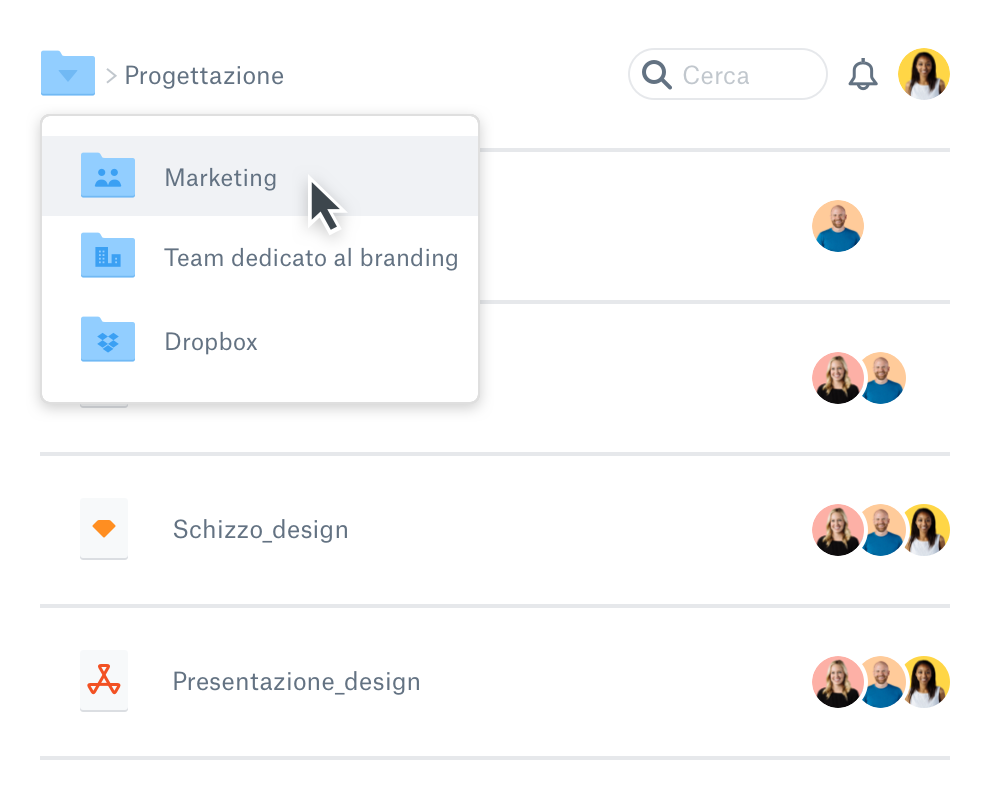 Un menu a discesa che mostra i vari file all'interno di un account Dropbox