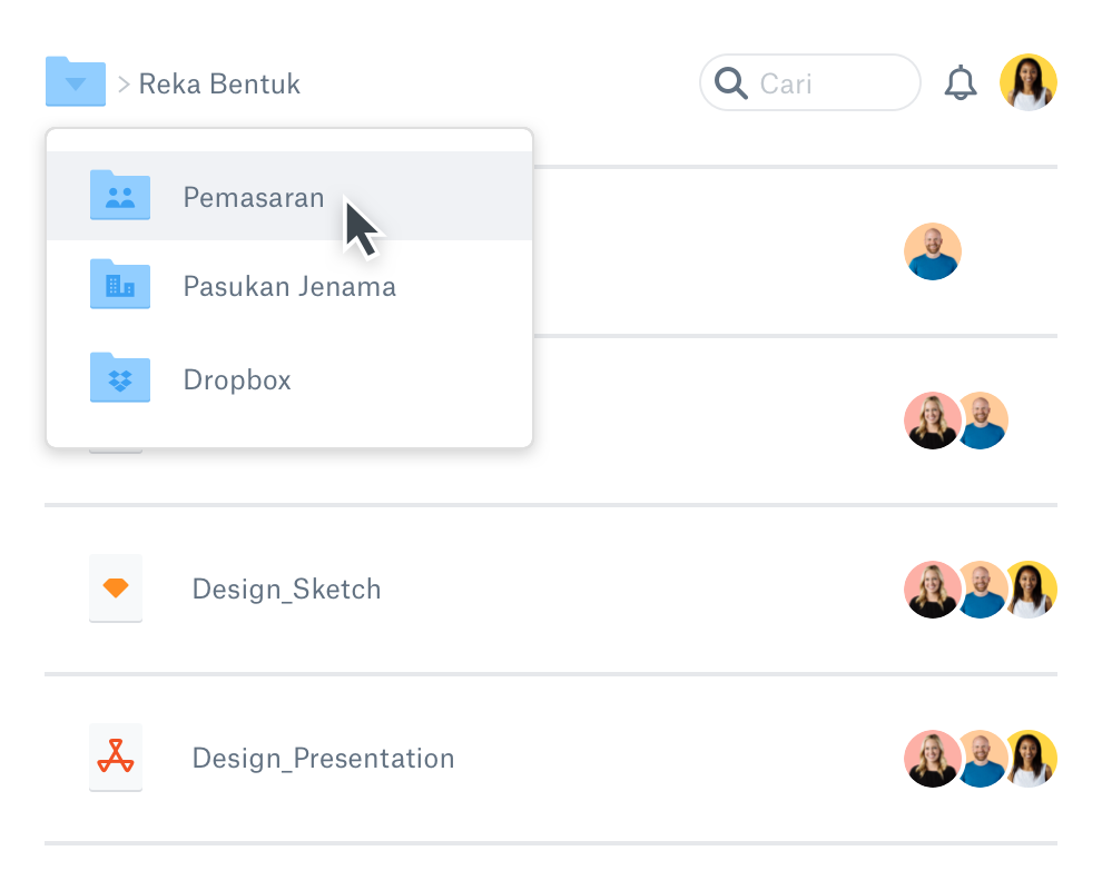 Menu juntai bawah menunjukkan fail yang berbeza dalam akaun Dropbox