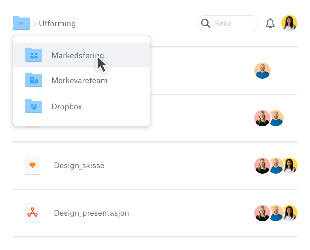 En rullegardinmeny med ulike filer i en Dropbox-konto