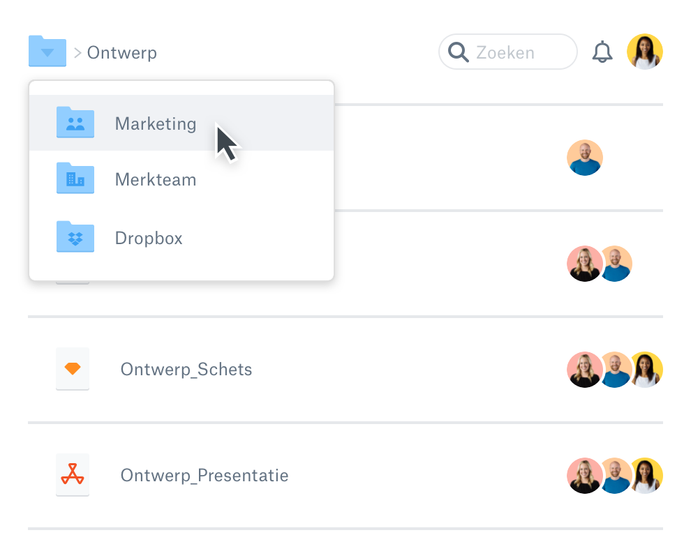 Een vervolgkeuzemenu met de verschillende bestanden binnen een Dropbox-account