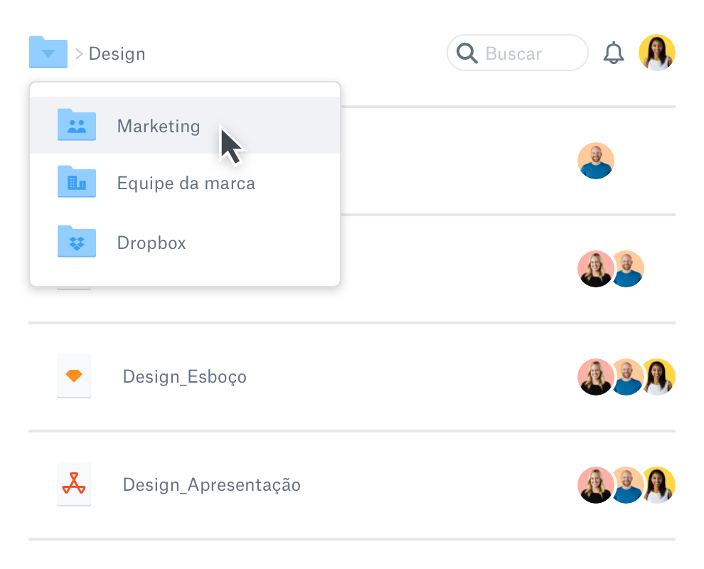 Um menu suspenso mostrando os diferentes arquivos em uma conta do Dropbox