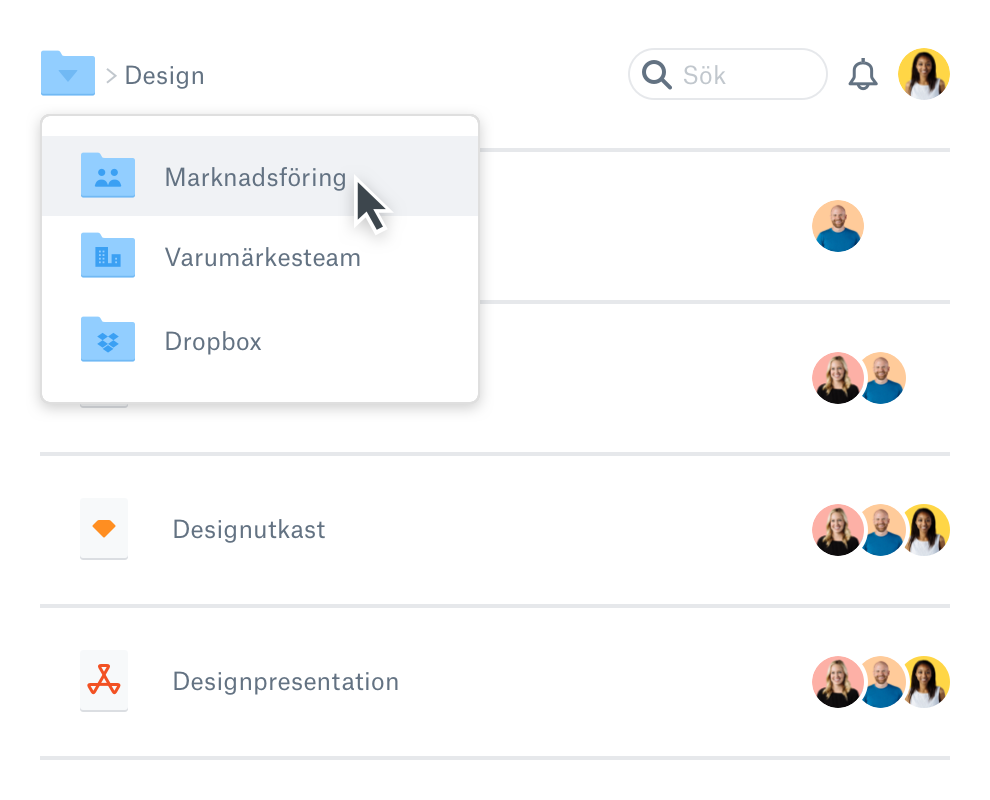 En rullgardinsmeny som visar de olika filerna i ett Dropbox-konto