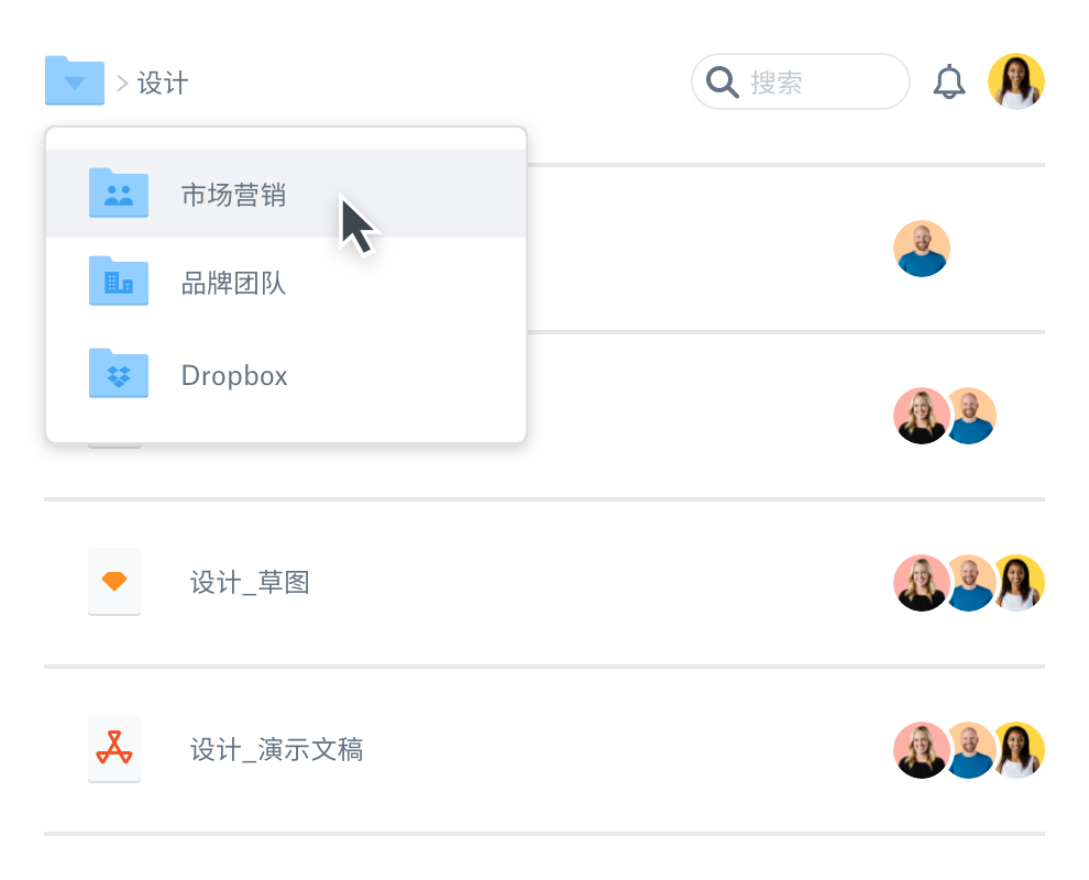 下拉菜单显示 Dropbox 帐户中的不同文件