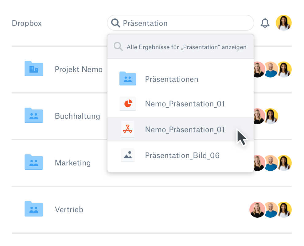 Ein Nutzer sucht in Dropbox nach einer Datei
