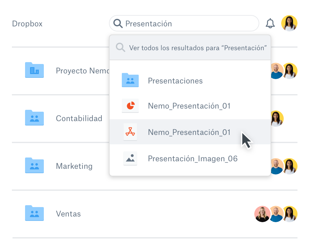 Un usuario que busca un archivo dentro de Dropbox