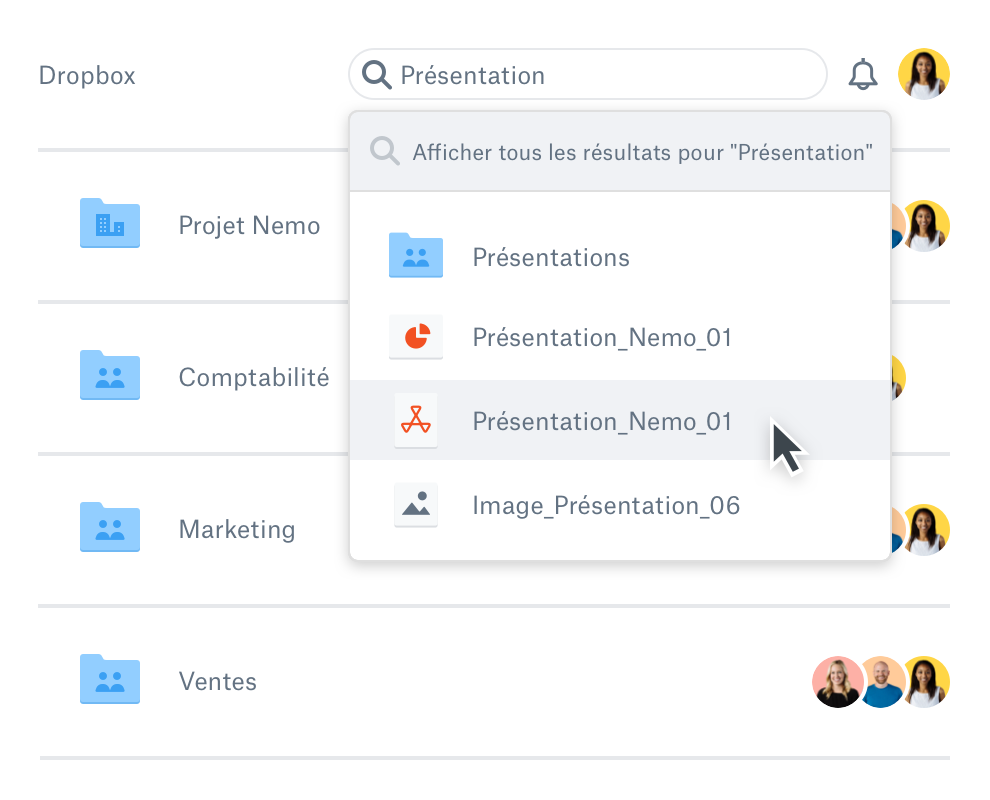 Utilisateur recherchant un fichier dans Dropbox