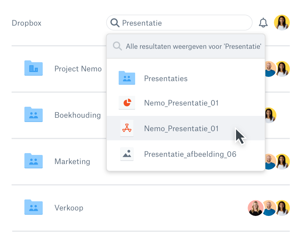 Een gebruiker die naar een bestand zoekt binnen Dropbox