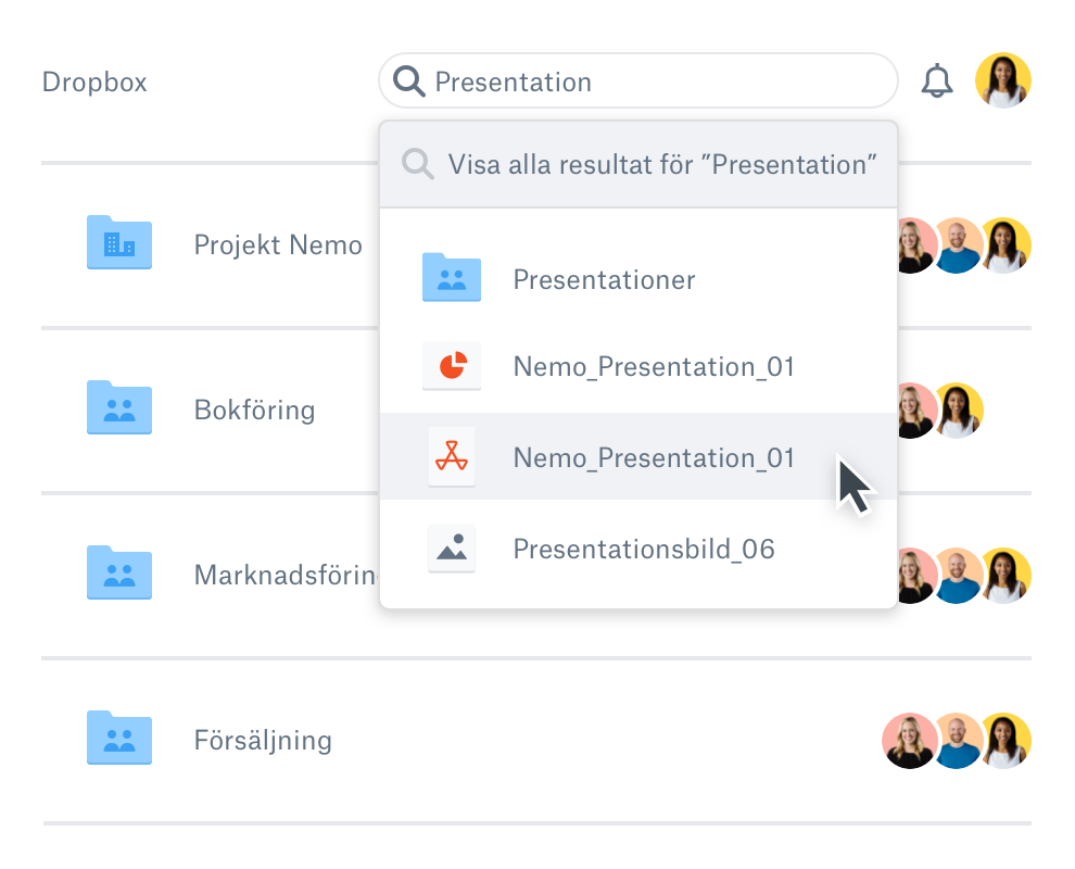 En användare som söker efter en fil i Dropbox