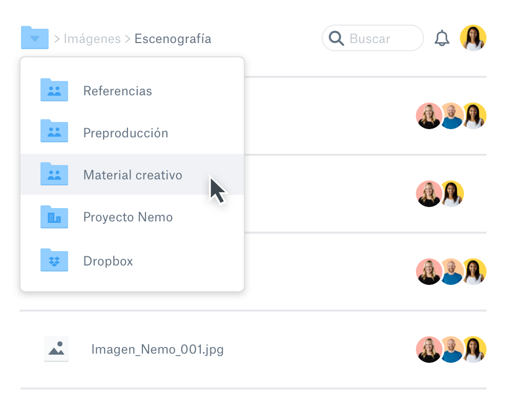 Una representación visual de las funciones de organización de archivos y carpetas de una cuenta de Dropbox. 