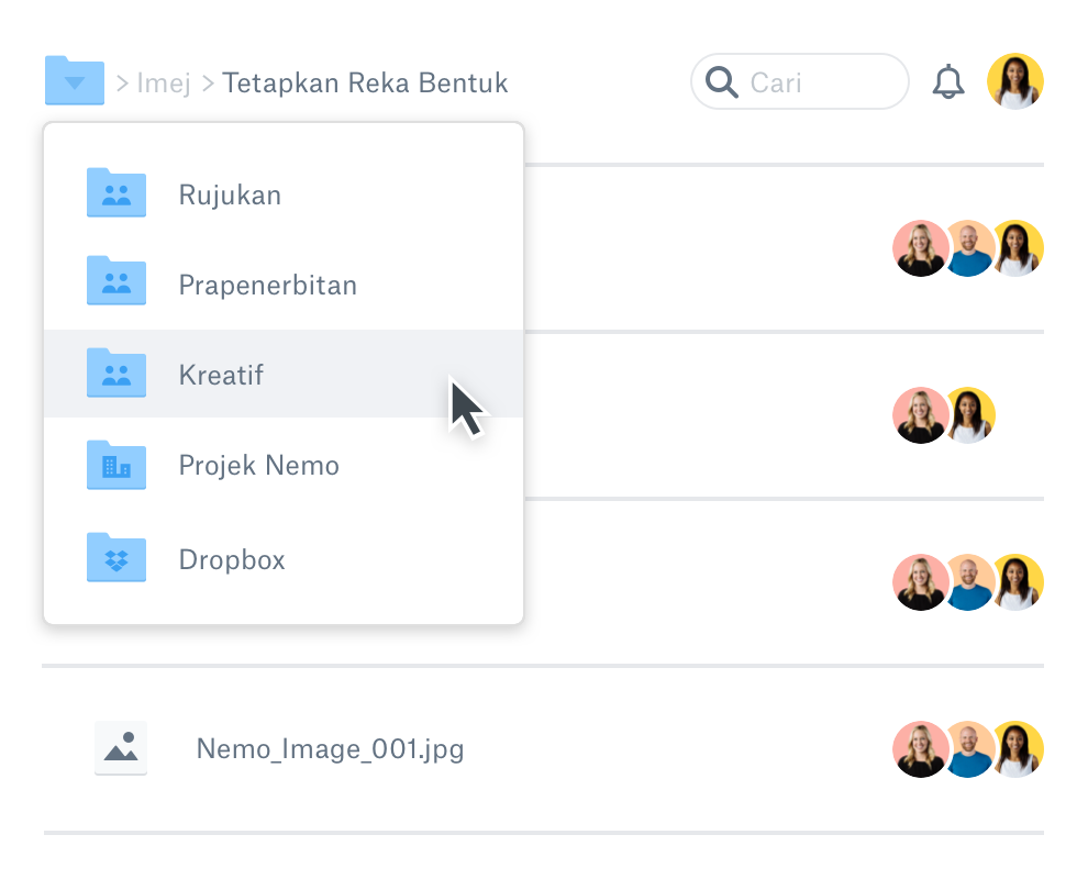 Paparan visual ciri pengaturan fail dan folder dalam akaun Dropbox anda. 