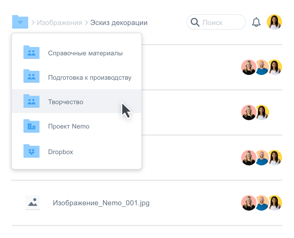 Визуальное представление функций организации файлов и папок в вашем аккаунте Dropbox. 