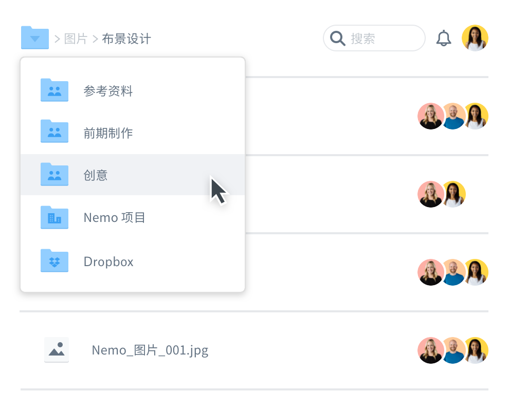 Dropbox 帐户中文件和文件夹整理功能的直观表示。 
