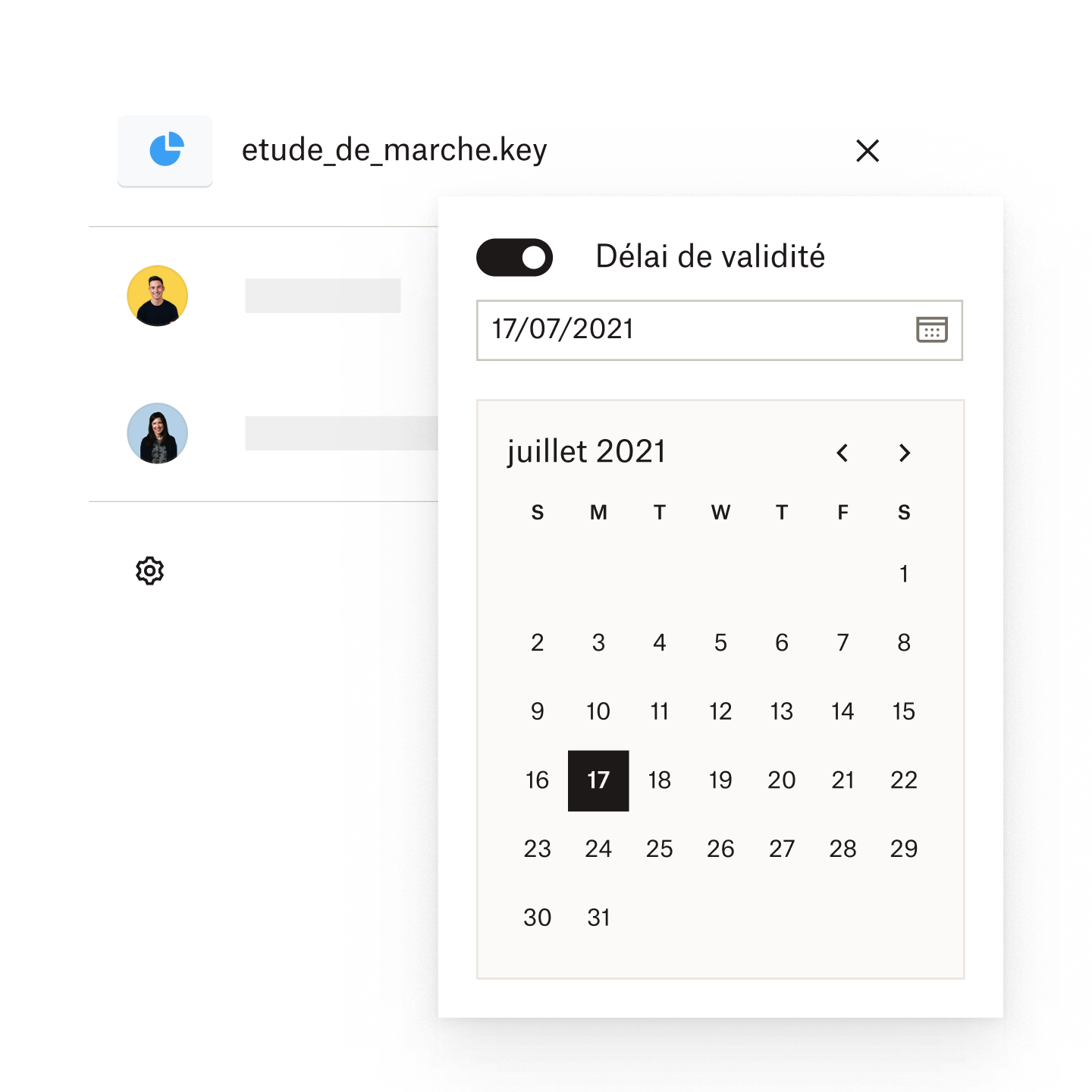 Utilisateur définissant le délai d’expiration d’un lien à l’aide d’un calendrier