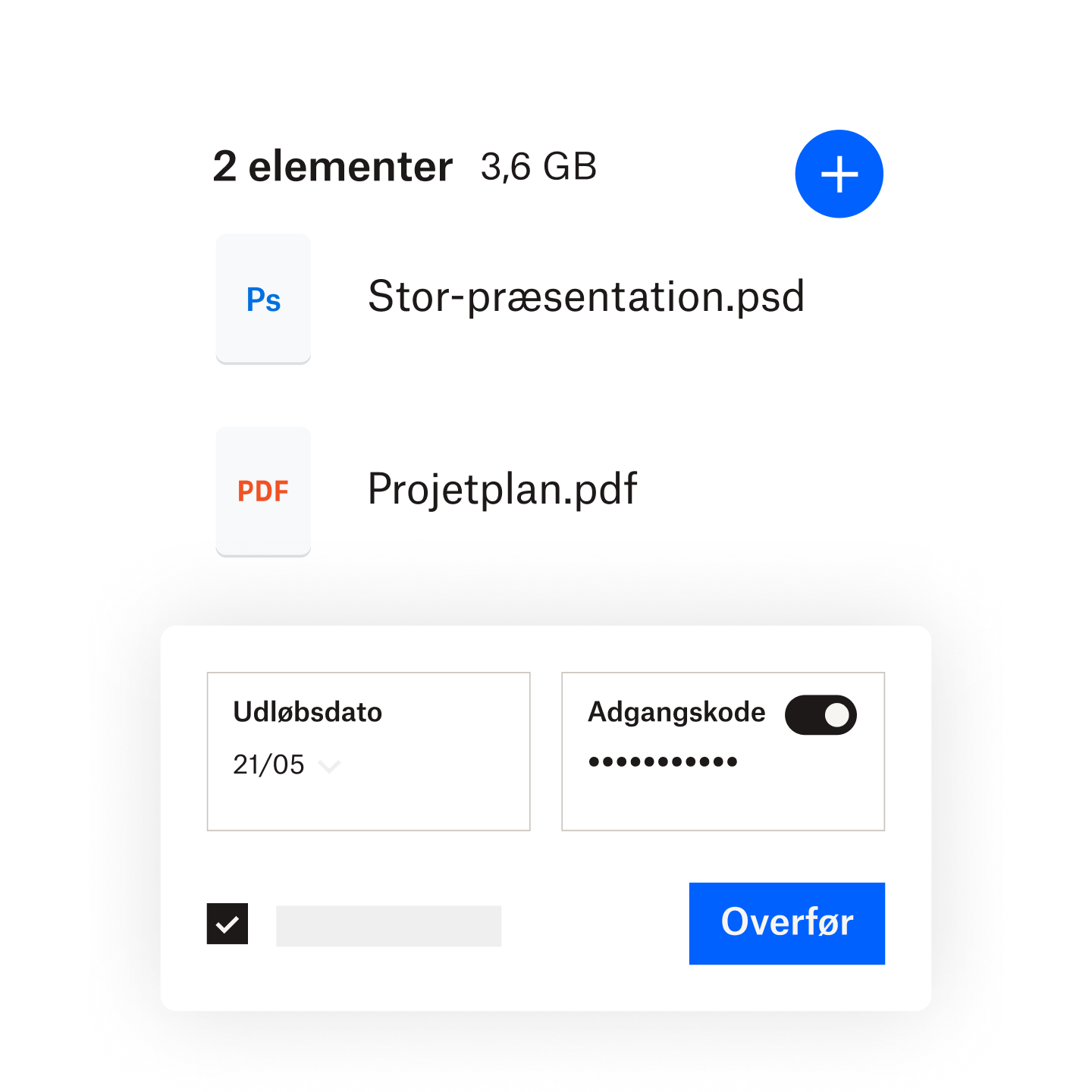 En bruger indstiller udløbsdata og adgangskode til en stor fil, der skal sendes