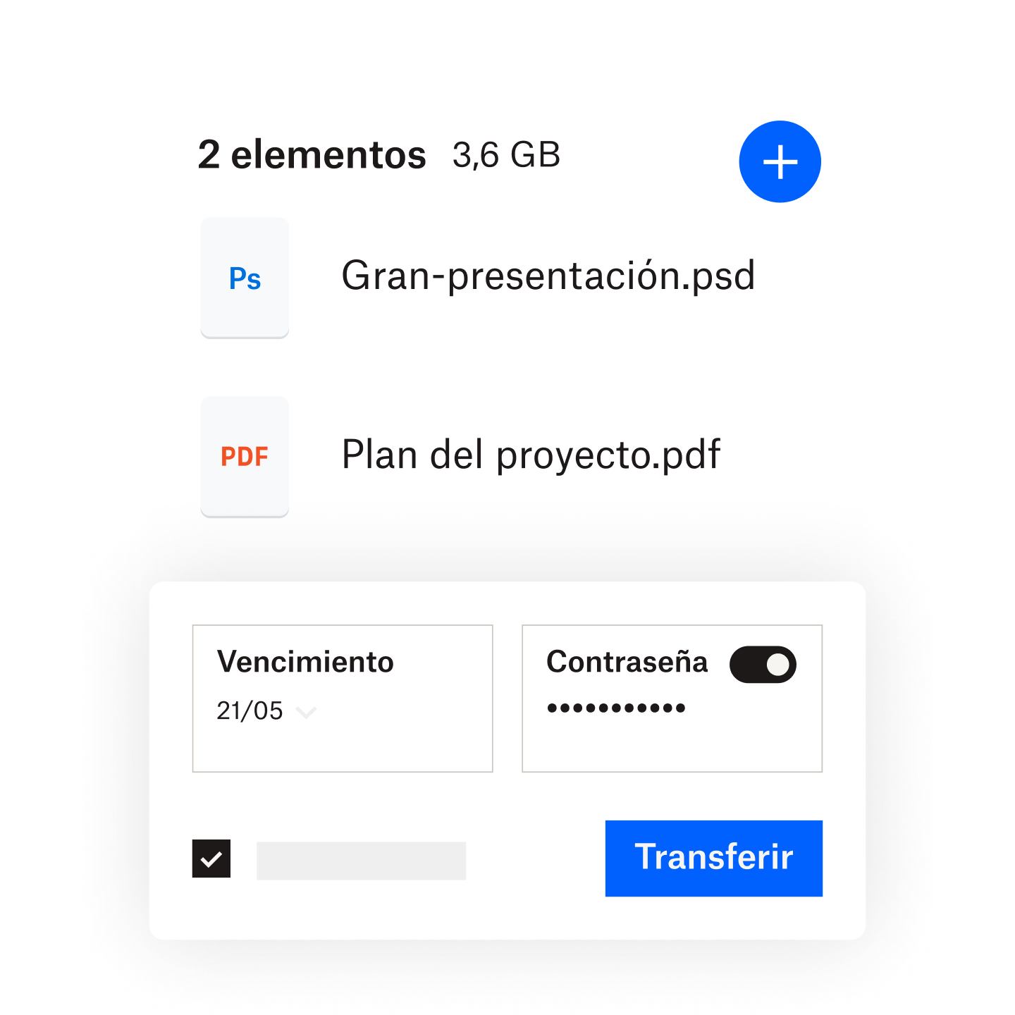 Un usuario que establece unos datos de caducidad y una contraseña para un archivo grande que va a enviar