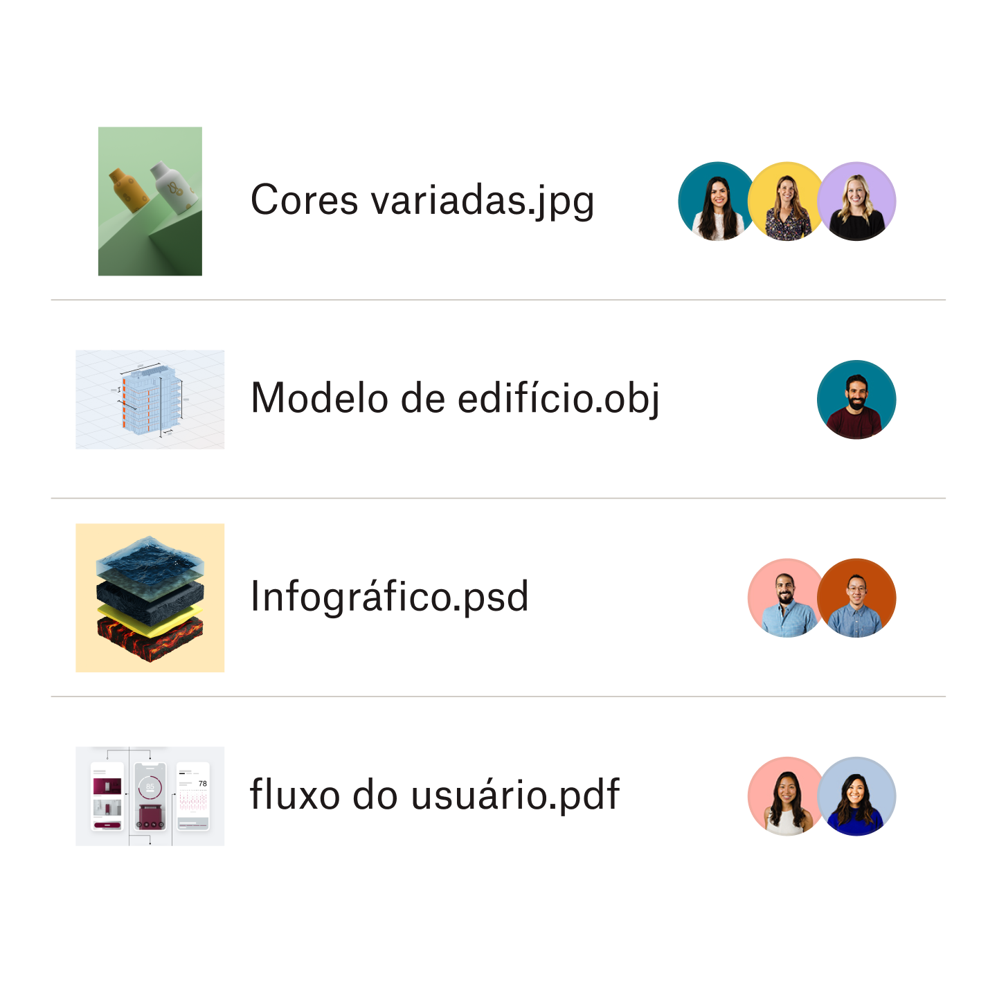 Visualizações prévias de diferentes tipos de arquivos