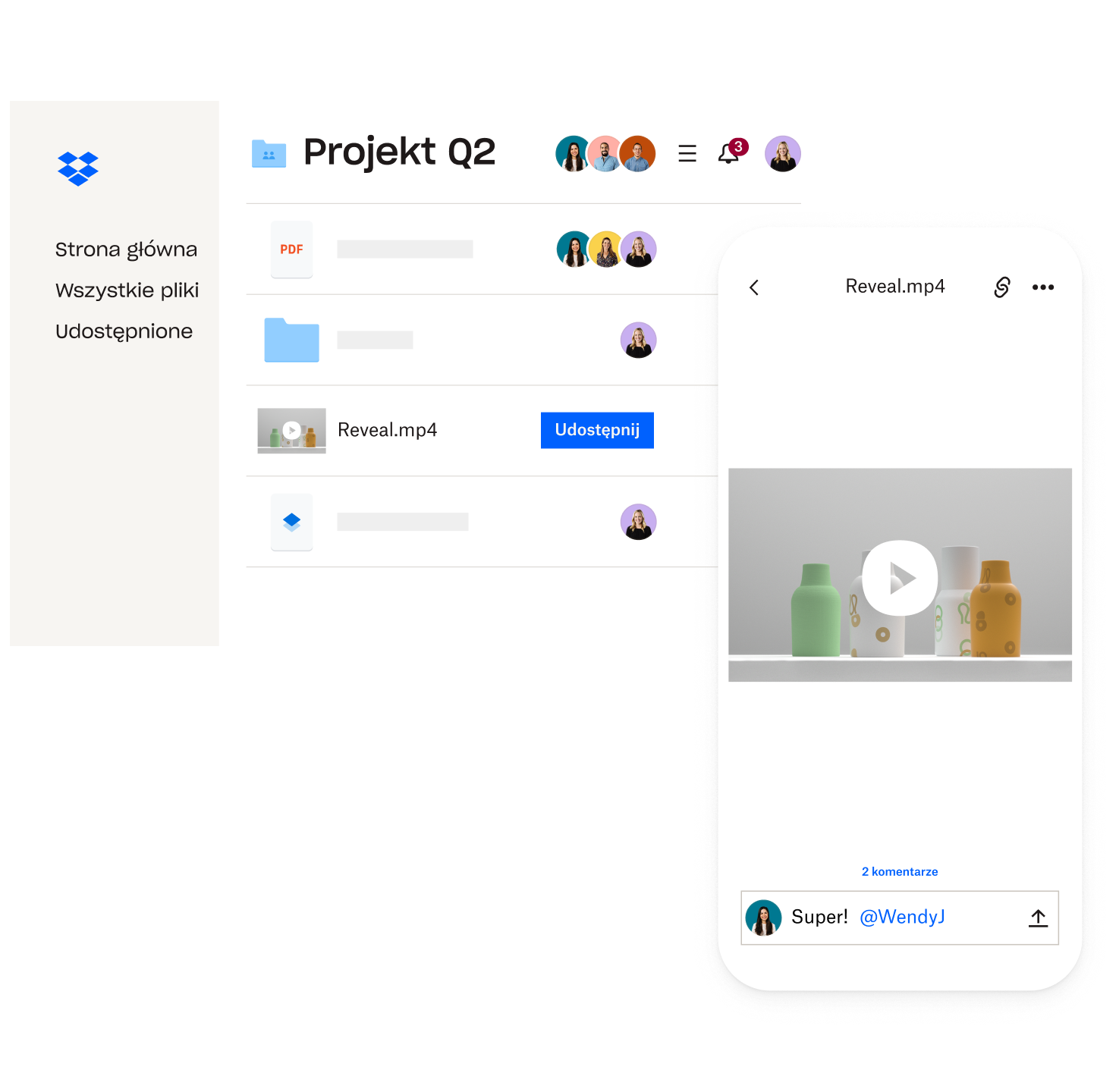 Zrzut ekranu folderu Dropbox zatytułowanego „Q2 Project”. Wybrano plik wideo z podglądem i komentarzem.