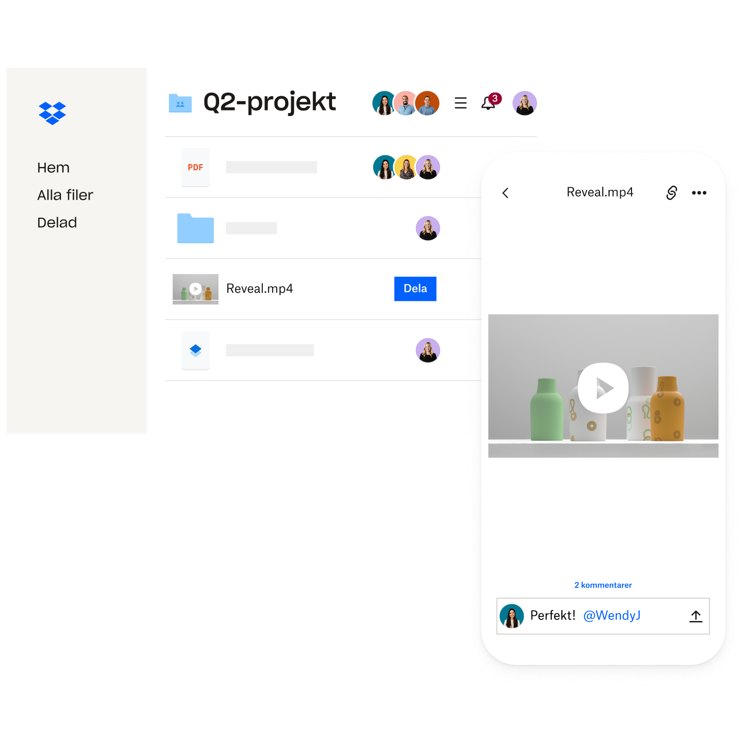 Ett skärmklipp av en Dropbox-mapp med titeln "Q2-projekt". En videofil har valts, visar en förhandsgranskning och en kommentar.