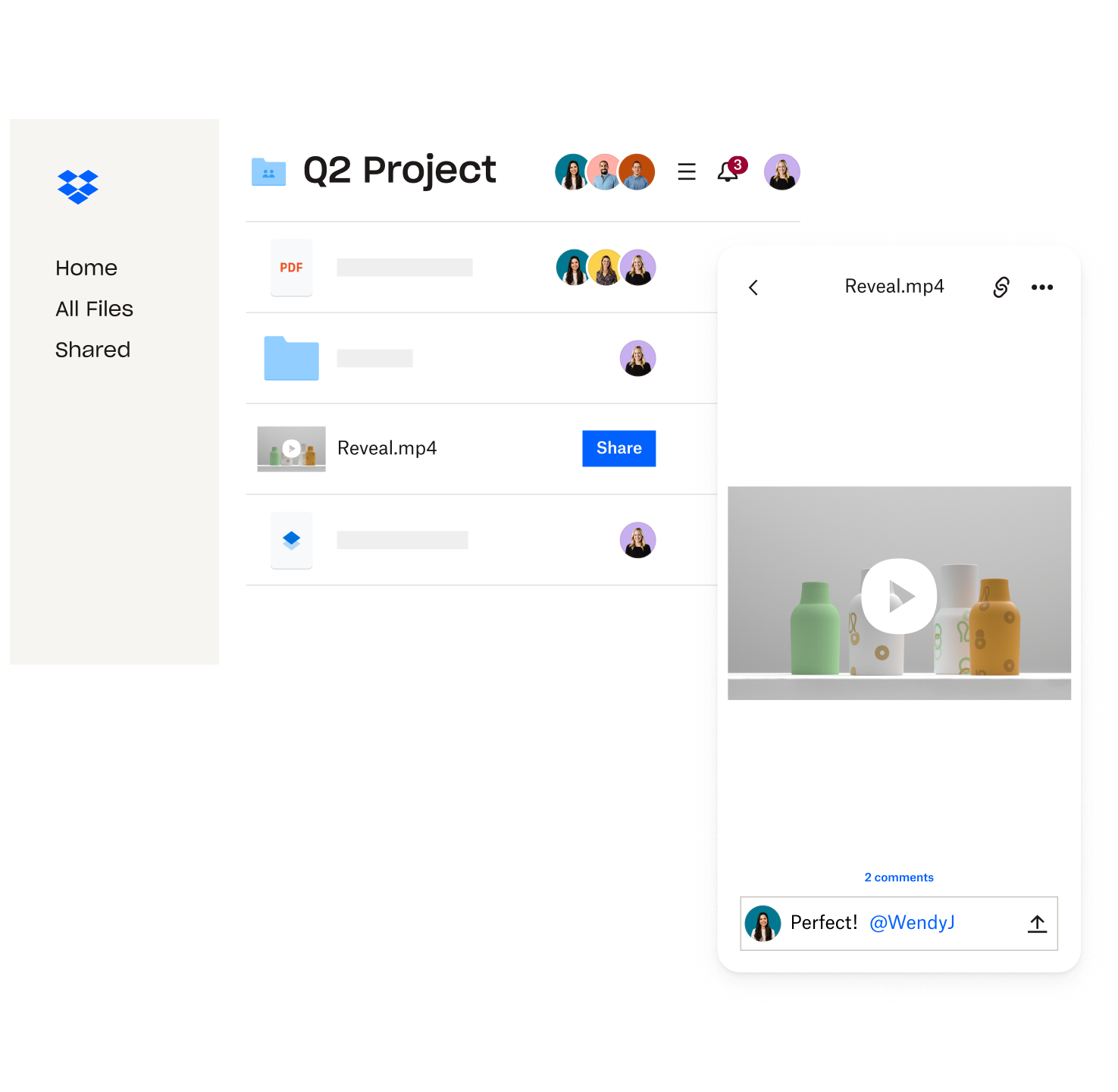 A screenshot of a Dropbox folder titled “Q2 Project”. A video file has been selected, showing a preview and a comment.
