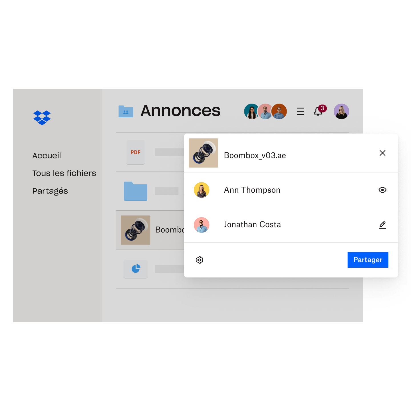 Vue de fichiers enregistrés dans un répertoire de dossiers Dropbox, qui peuvent être partagés avec certains utilisateurs