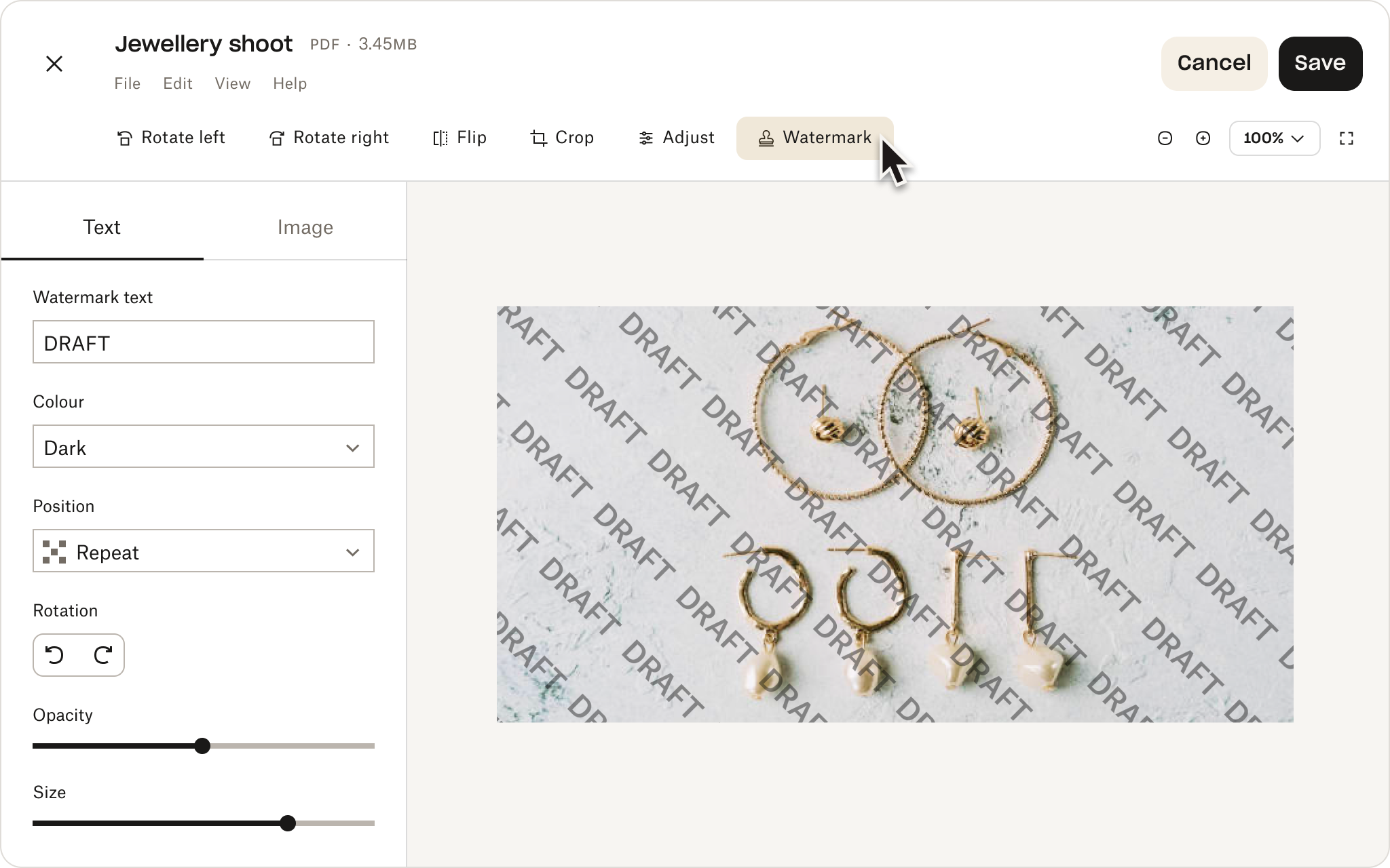Representation of the Dropbox user interface, demonstrating the image watermarking tool.