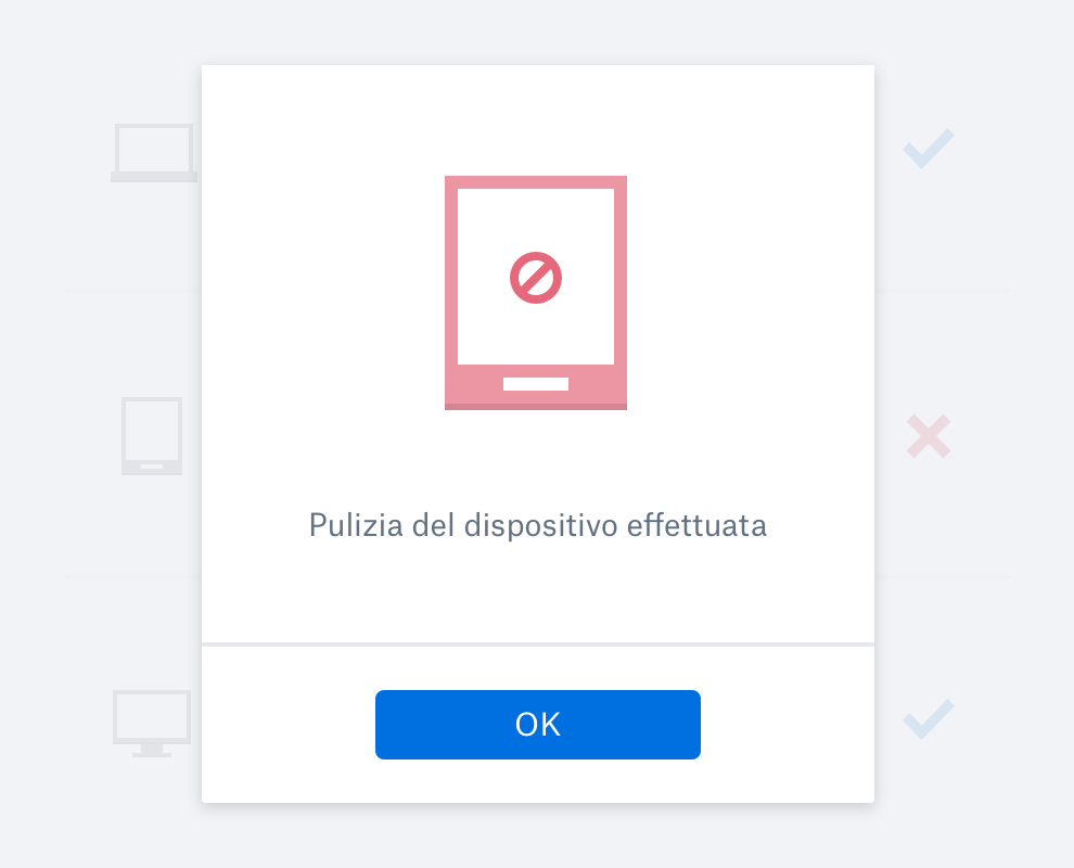 Una finestra di messaggio che conferma che i dati del dispositivo sono stati cancellati
