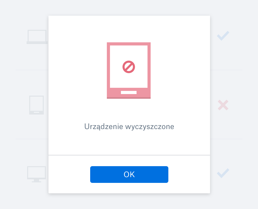 Okno komunikatu potwierdzającego wyczyszczenie danych z urządzenia