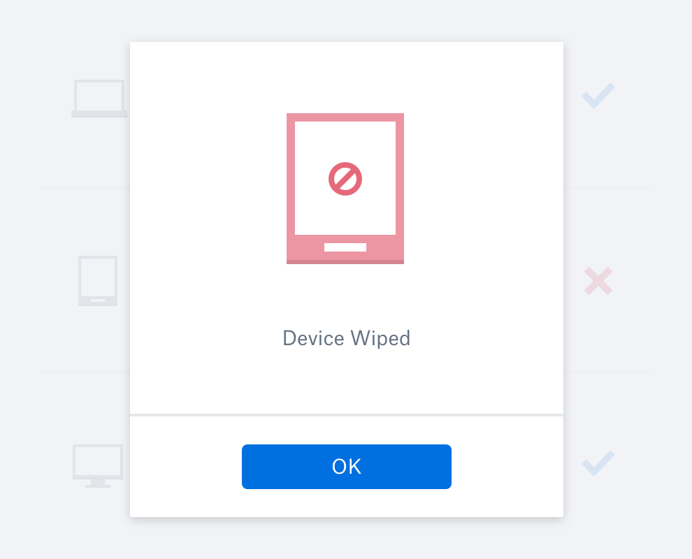 A message box confirming that the device has been wiped