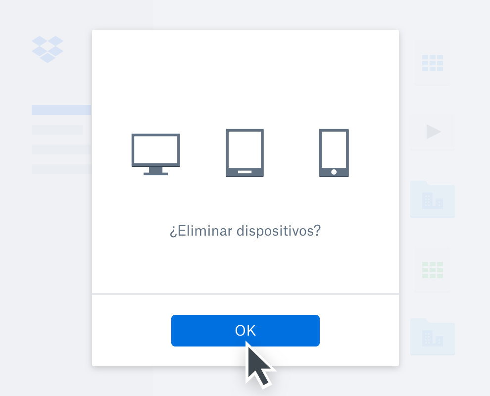 Cuadro de mensaje le pide a un usuario que confirme que desea borrar sus dispositivos.
