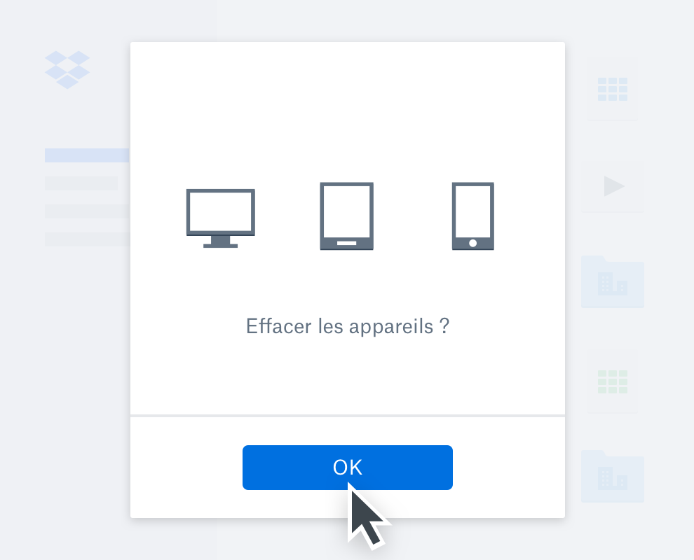Boîte de dialogue demandant à un utilisateur de confirmer qu’il souhaite effacer le contenu de ses appareils
