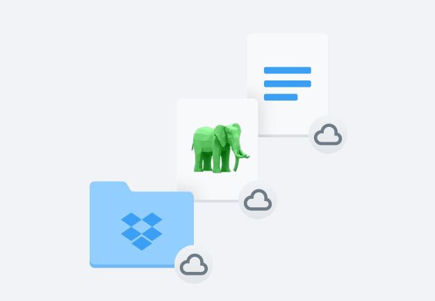 Forskellige filer og mapper med et sky-ikon