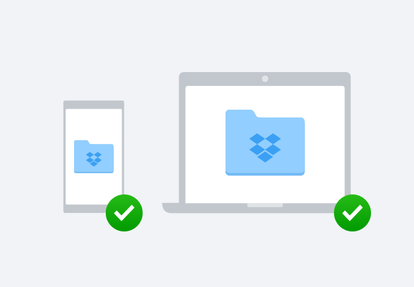 A laptop and mobile device with folder icons and green check marks